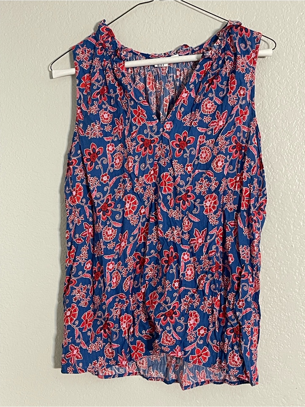 GAP Blue Sleeveless Floral V-Neck Top with Red & White Print